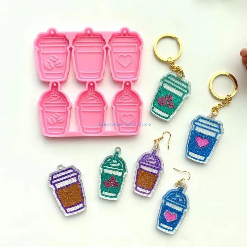 D5QB Pendant Keychain Casting Resin Mold DIY Decorations Mold Handmade 6 Coffee Cups Earrings Eardrop Danglers Silicone Mould
