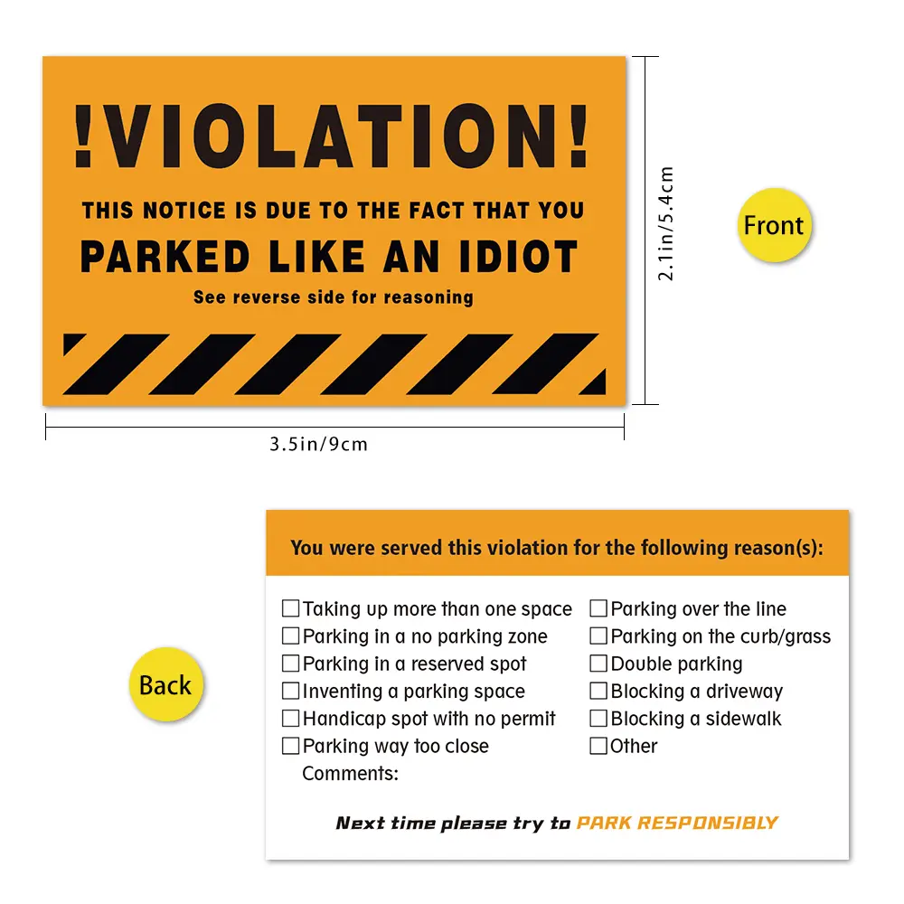 50pcs, Humourous Parking Violation Cards 3.5 x 2 inch, Prank Funny Cards, Fake Ticket, Mini Portable Prank Props