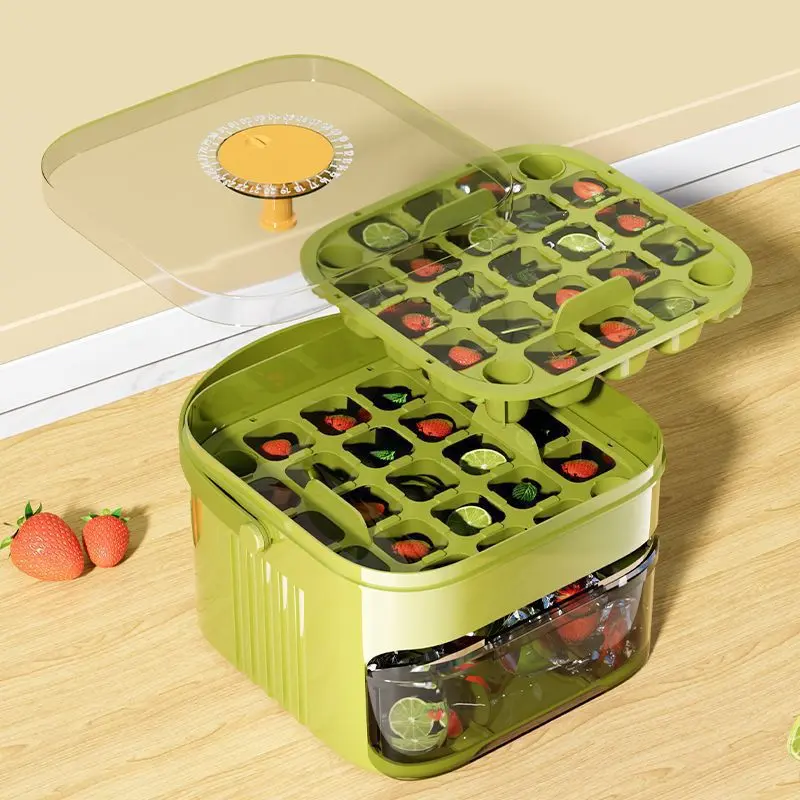 Compact Double Layer Ice Cube Tray with Lid and Bin, Pull-Out Ice Drawer with Portable Handle, Ice Maker with Easy Press Cap