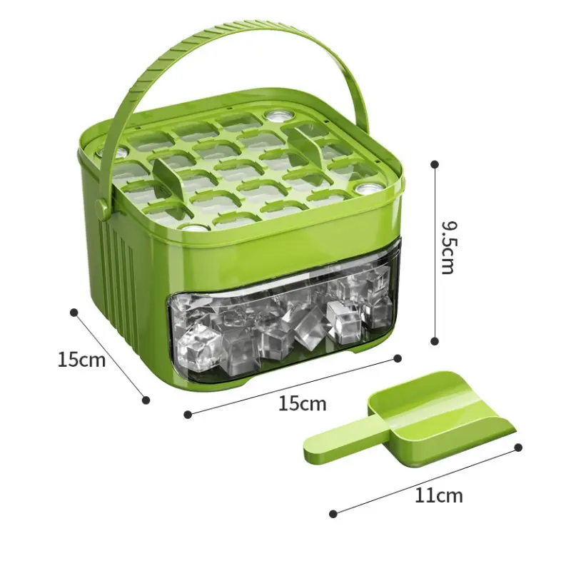 Compact Double Layer Ice Cube Tray with Lid and Bin, Pull-Out Ice Drawer with Portable Handle, Ice Maker with Easy Press Cap