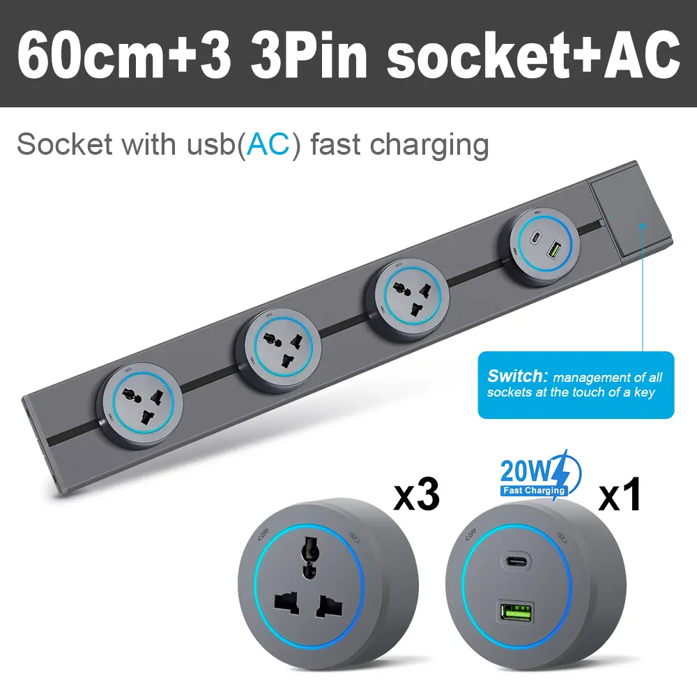 ‌Black/Gray Aluminum Alloy Pop Up Socket with Switch|3-Pin UN Plug & AC/USB Ports|Track Mounted Power Outlet for Desk/Kitchen