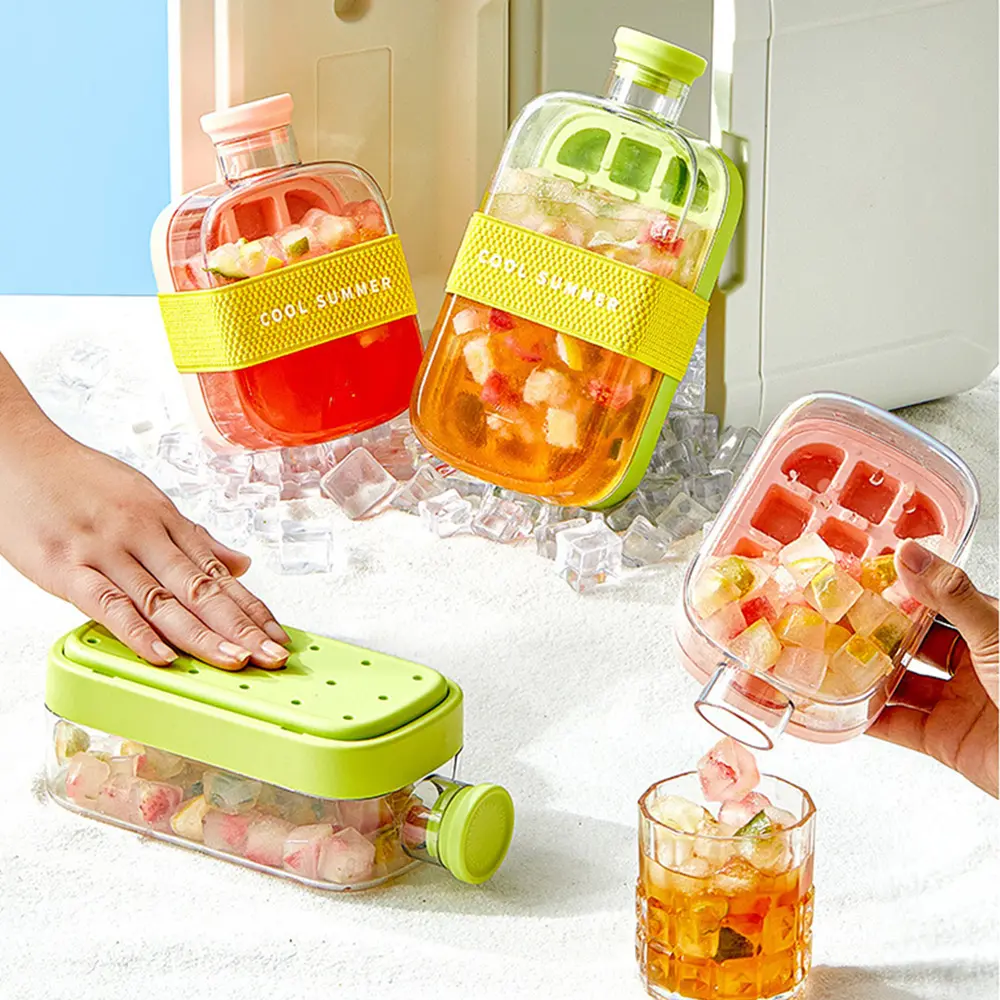 Ice Cube Tray with Lid, Touch-Free Ice Cube Bottle with Straw, Ice Cube Making Bottle, Easy Release Water Bottle Ice Mold