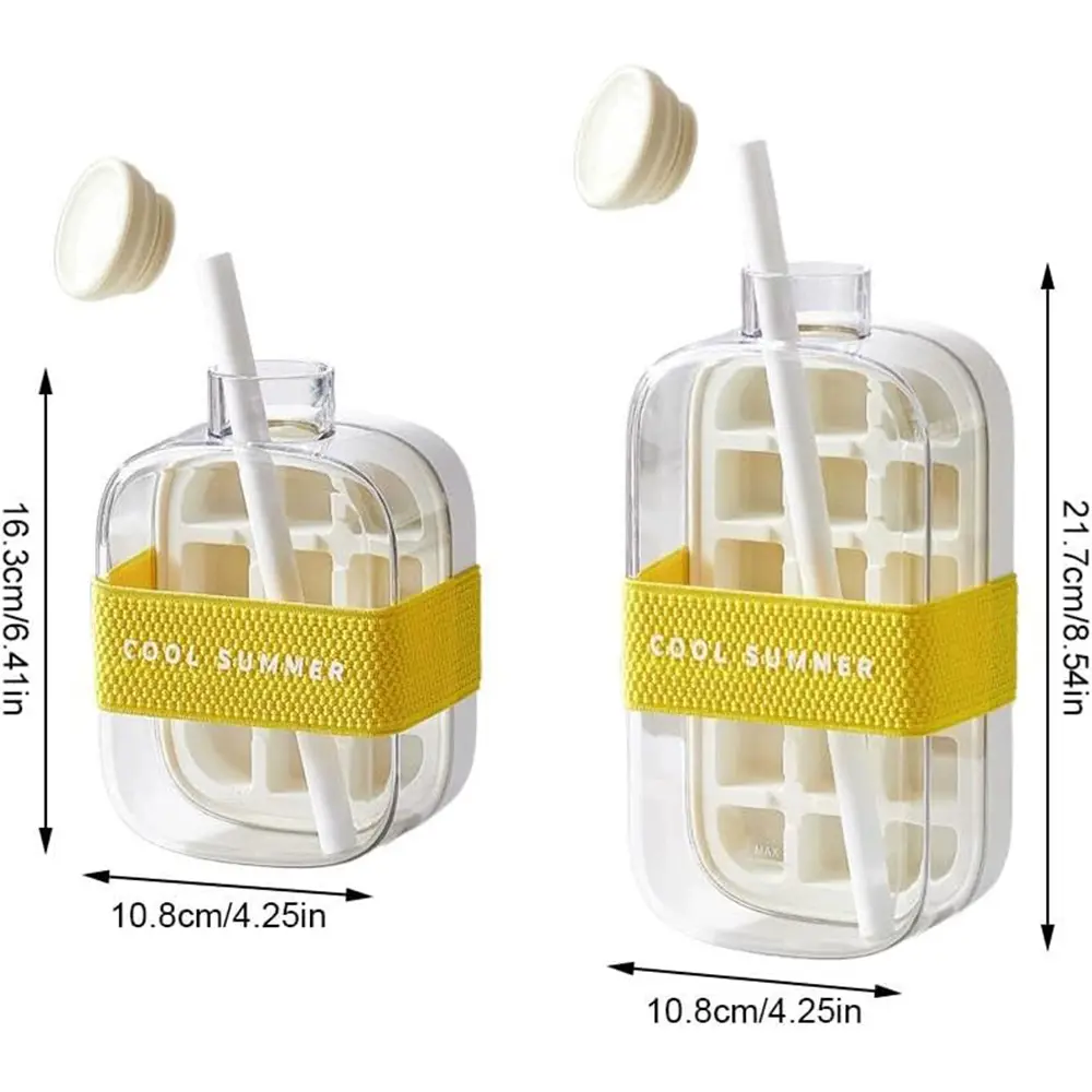Ice Cube Tray with Lid, Touch-Free Ice Cube Bottle with Straw, Ice Cube Making Bottle, Easy Release Water Bottle Ice Mold