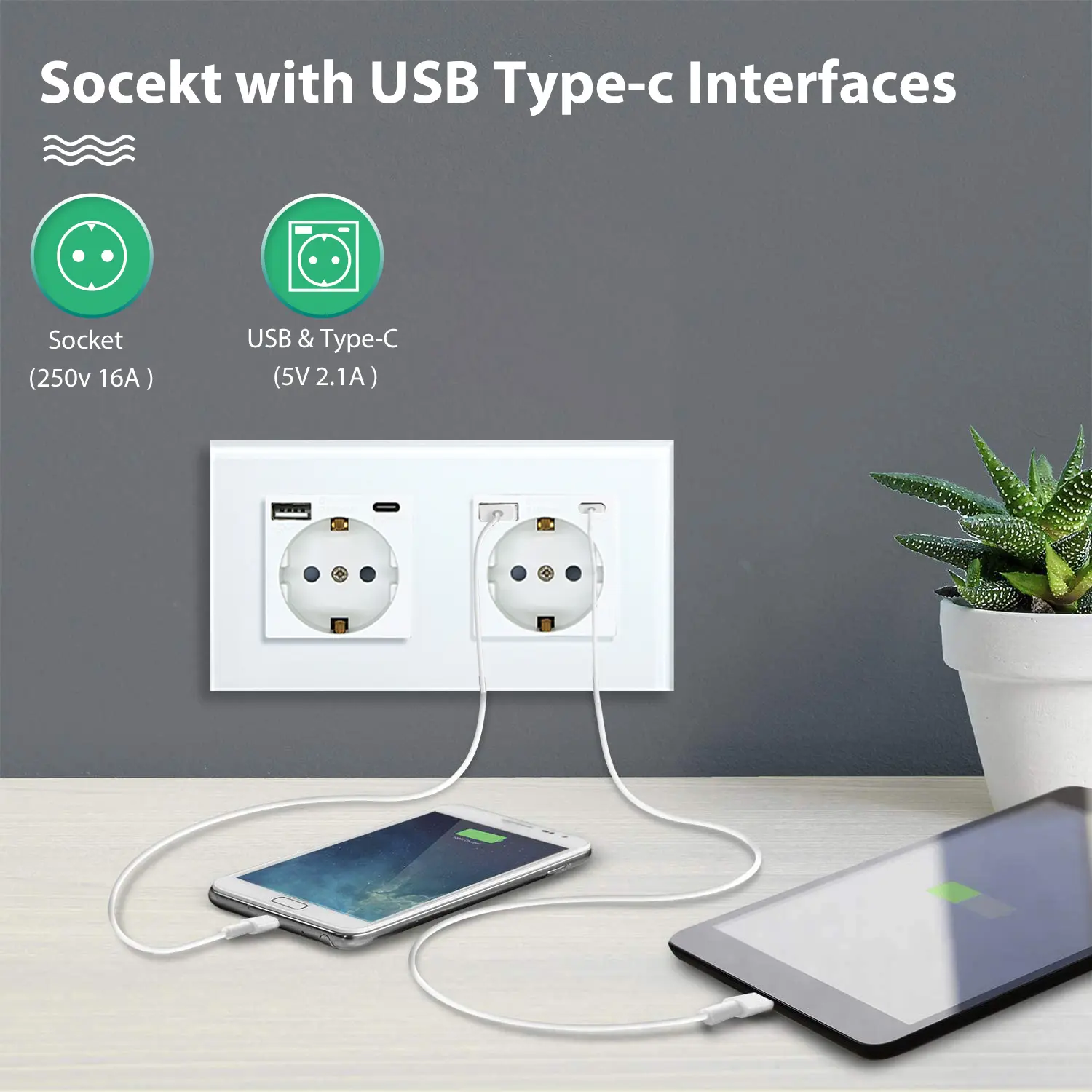 BSEED Type-C Interface Outlet Wall EU Standard Sockets With USB Charge Port Wall Power Socket With USB For Home Glass Panel 2.1A