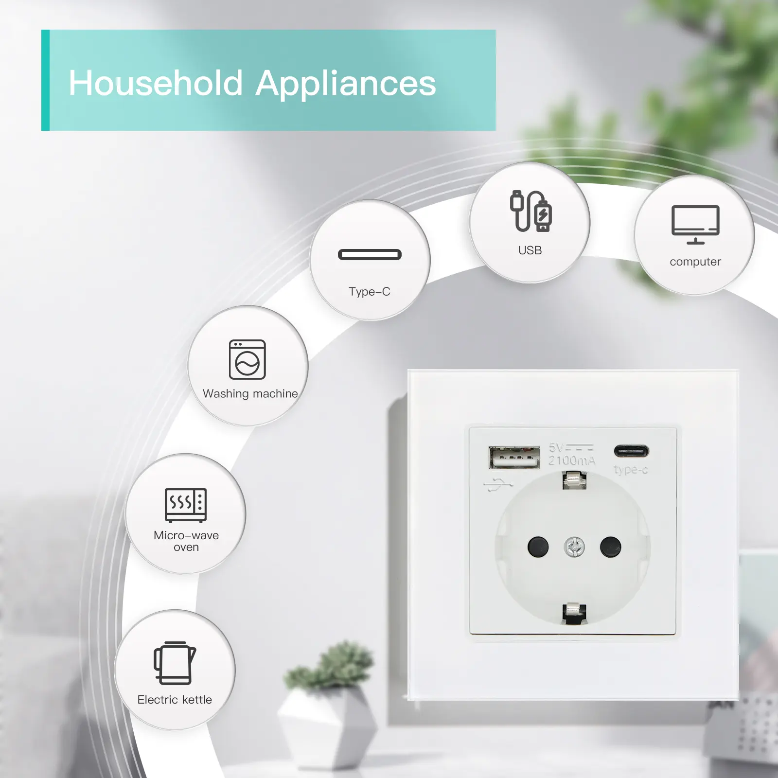BSEED Type-C Interface Outlet Wall EU Standard Sockets With USB Charge Port Wall Power Socket With USB For Home Glass Panel 2.1A