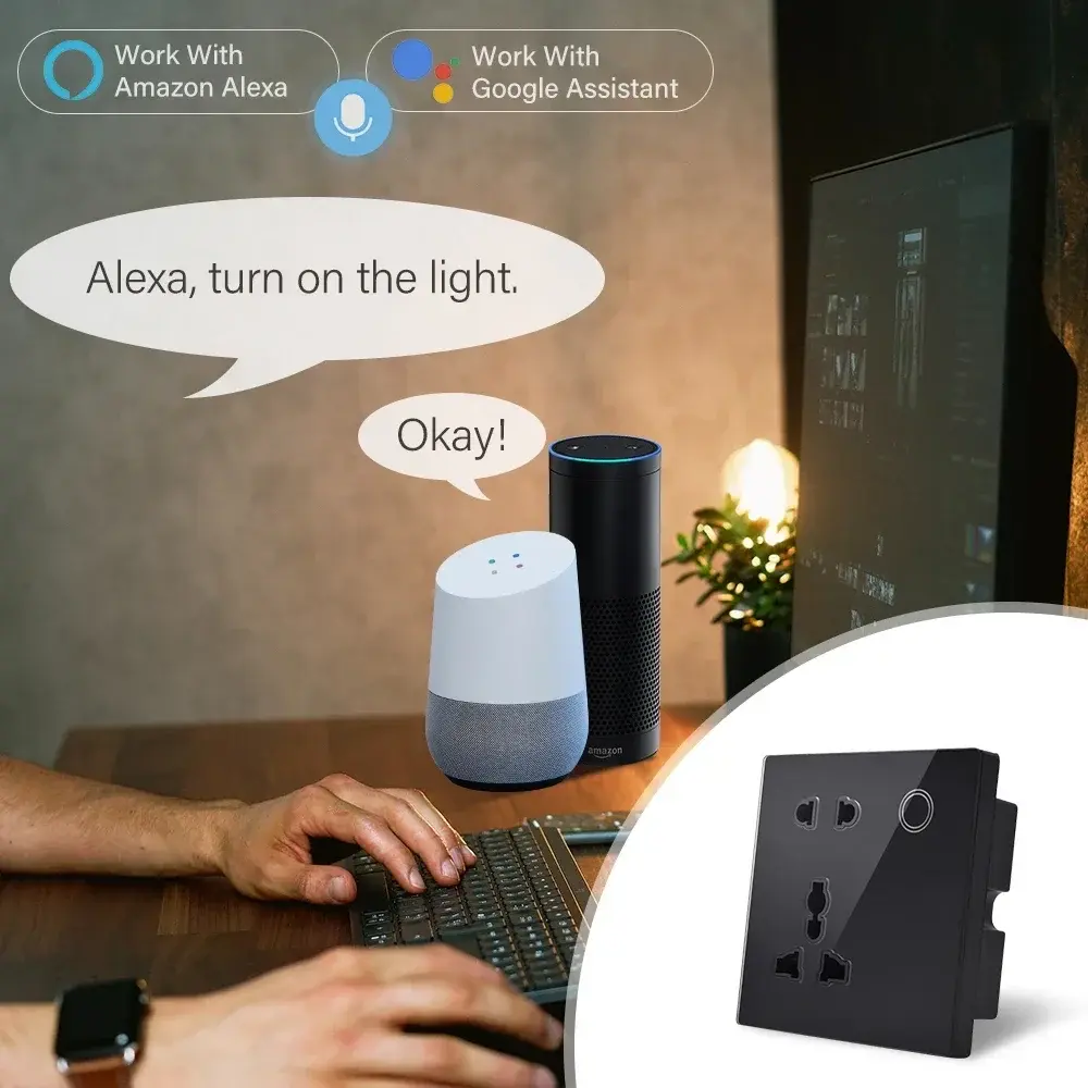 Customized Smart WiFi Wall Socket UK UN Tempered Glass Panel Home Power Outlet Touch Switch Wireless Remote Control Alexa Google