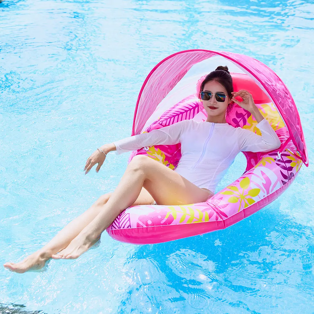 1PC Teardrop Shape Inflatable Lounger with Removable Sun Canopy - Adult Leaf Shaped Mesh Lounger Summer Beach Floating Bed