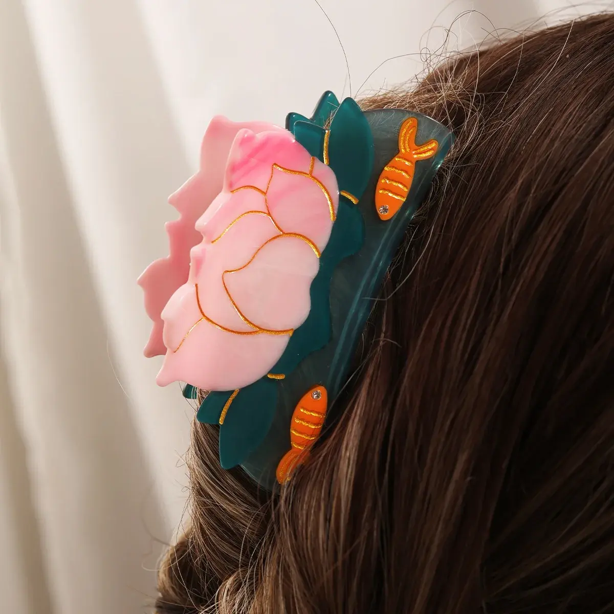 YWYHJ Fish Playing with Lotus Flowers Hair Claw Temperament Design Acetate Hair Claw Clips Womens Accessories