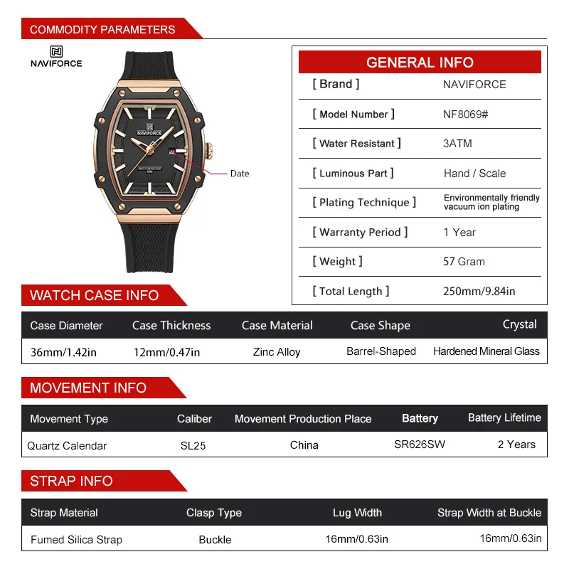 NAVIFORCE  Casual Barrel clock ShapeWomen‘s Silicone Quartz Wristwatch Sport Alloy Dial Waterproof Couple Watch