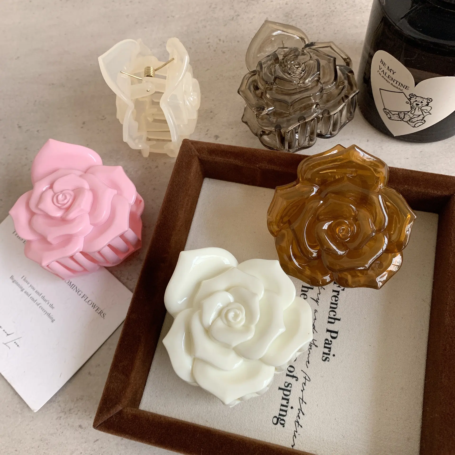 Korean Jelly Color Rose Hair Claw French Retro Transparent Flower Hair Clip Claw Shark Clamp Ponytail Hairpin Hair Accessories