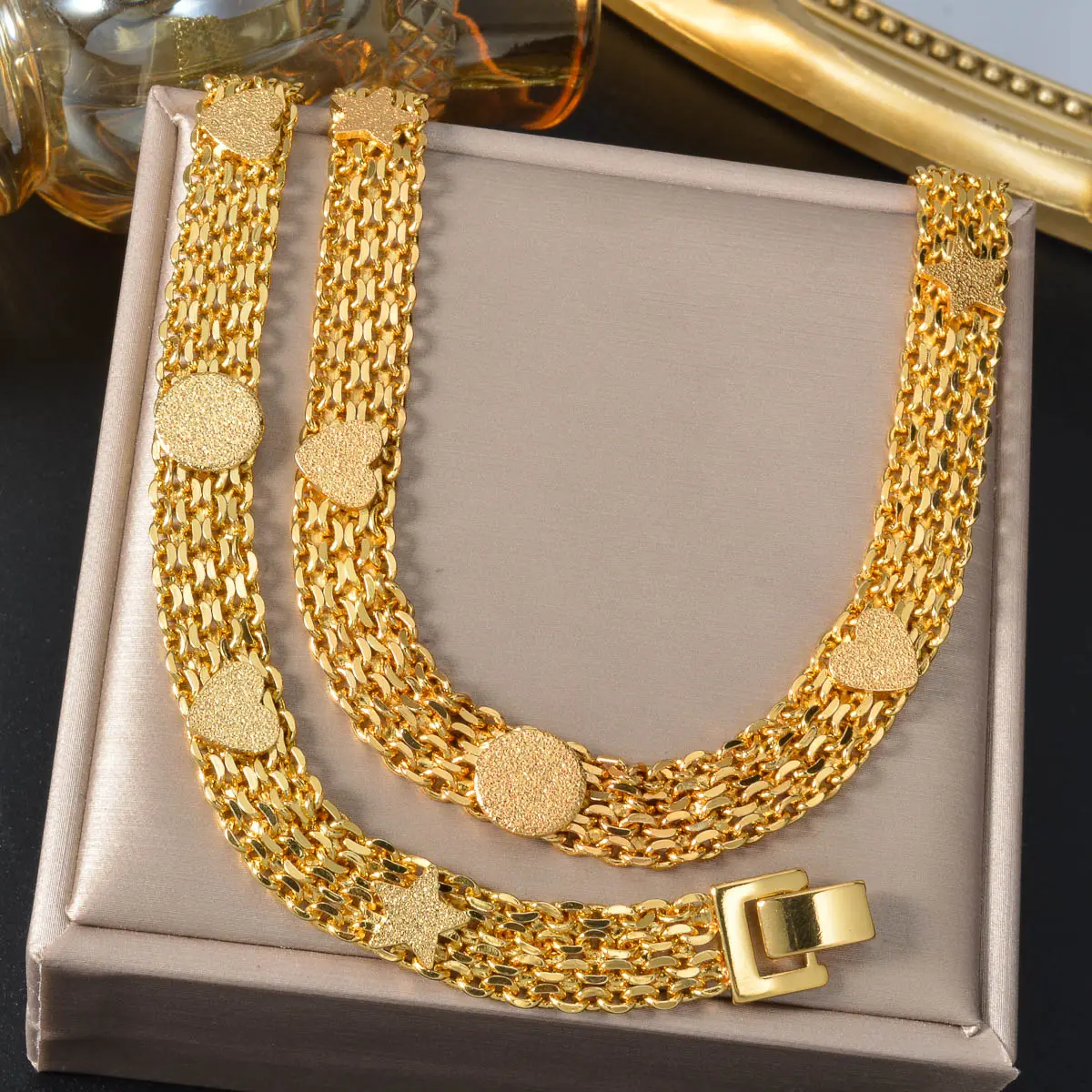 Luxury Gold Plated Brass Jewelry Set for Women Dubai Style Necklace Bracelet Minimalist Wedding Gift Party Fashion Accessories