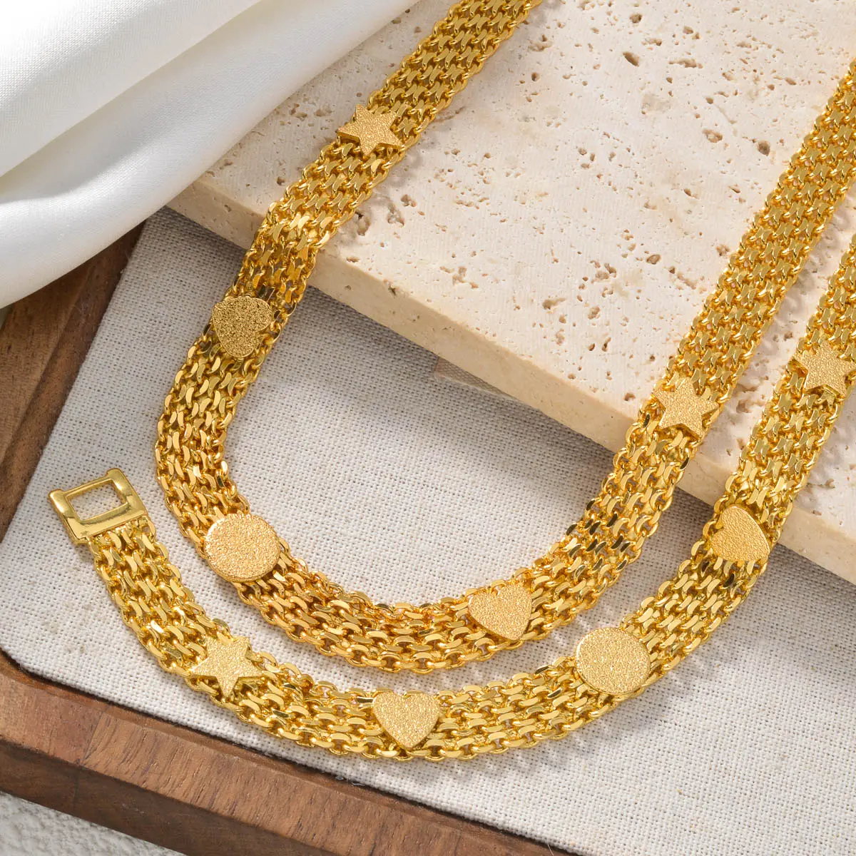 Luxury Gold Plated Brass Jewelry Set for Women Dubai Style Necklace Bracelet Minimalist Wedding Gift Party Fashion Accessories