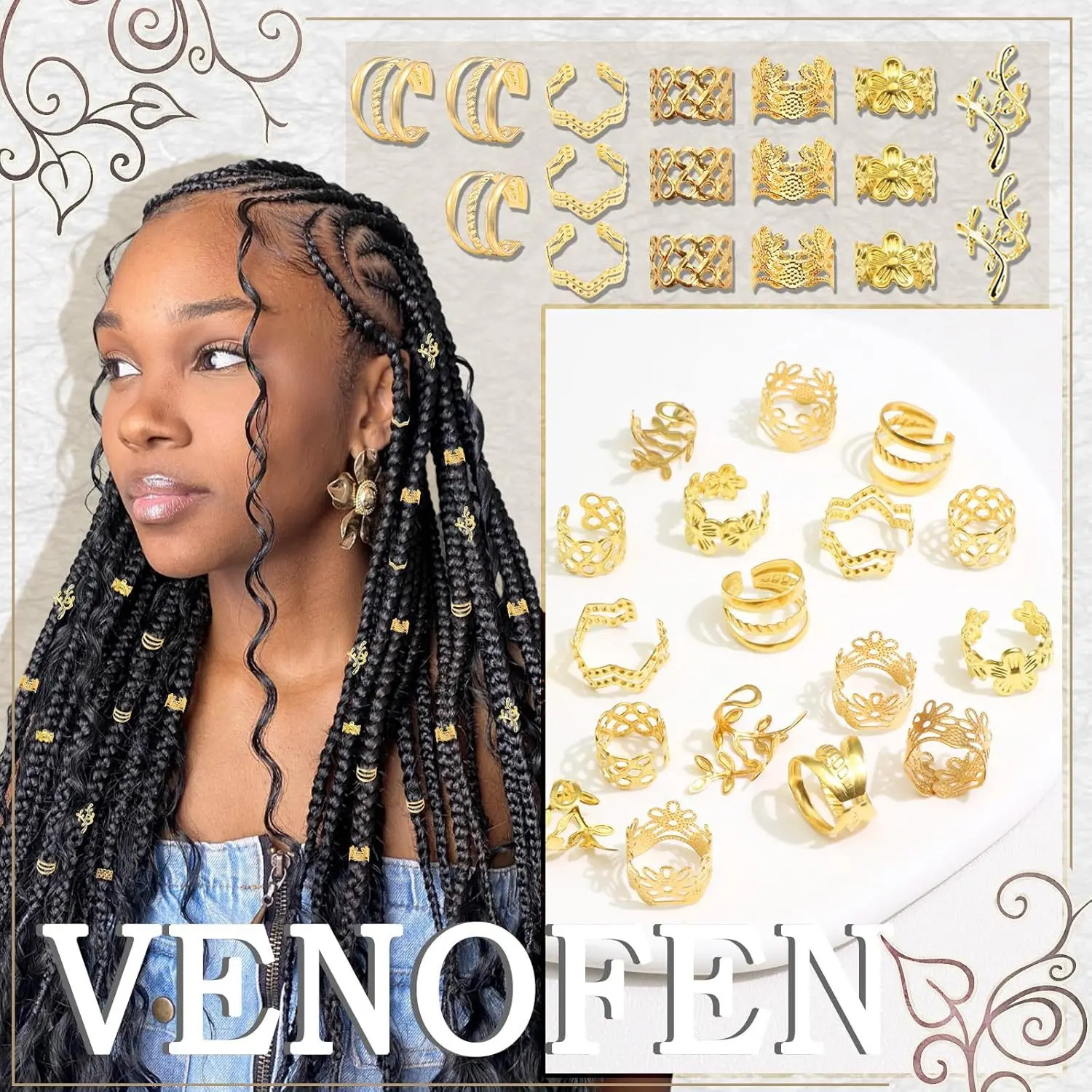 60PCS Hair Jewelry for Braids Gold Braid Clips Style Dreadlock Jewelry Metal Loc Braids Accessories Hair Decoration for Women