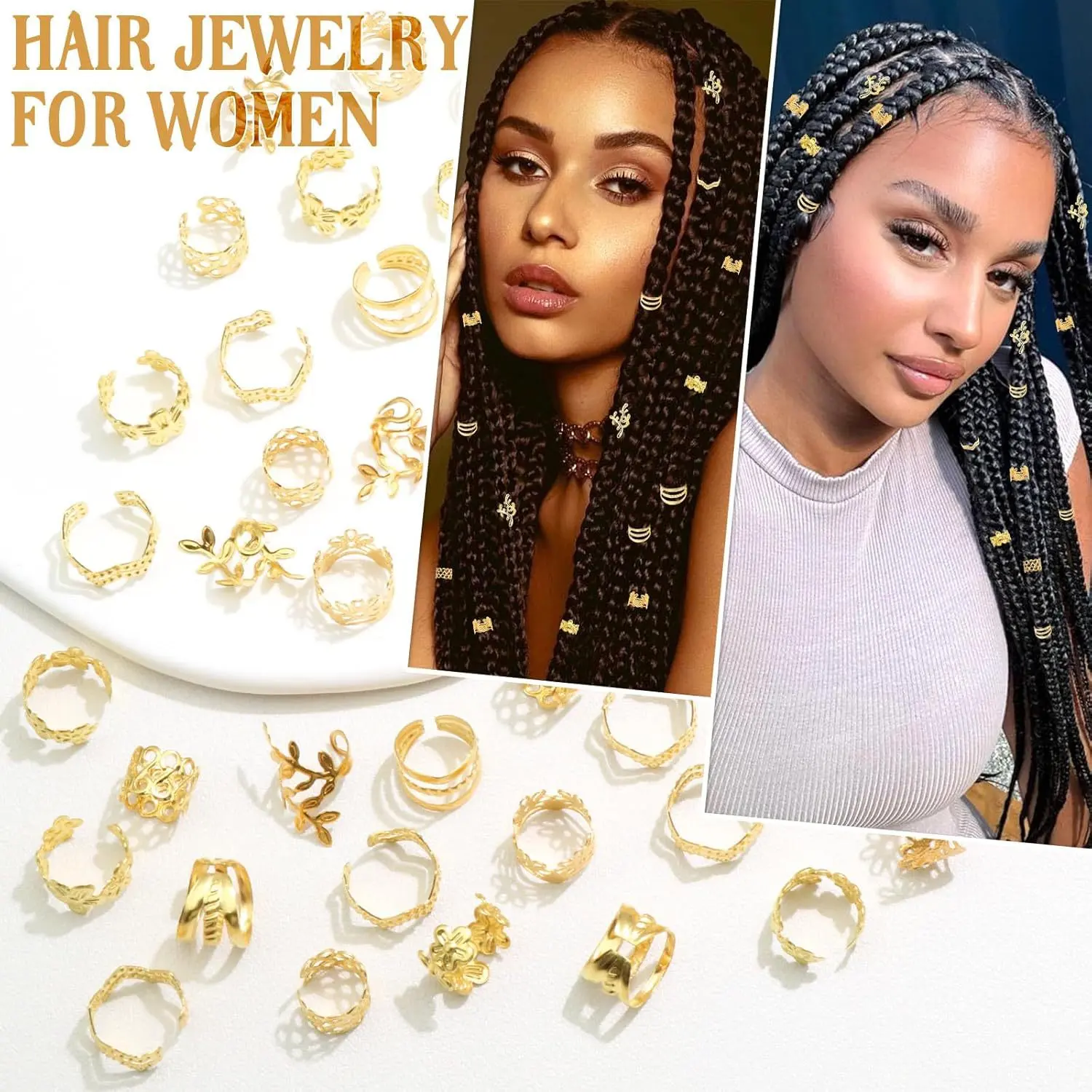 60PCS Hair Jewelry for Braids Gold Braid Clips Style Dreadlock Jewelry Metal Loc Braids Accessories Hair Decoration for Women