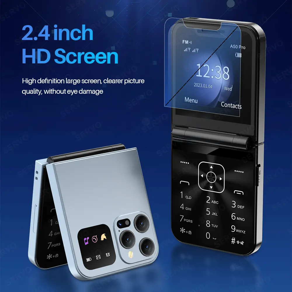 SERVO A50 Pro Foldable Mobile Phone Dual SIM Card GSM Electric Torch Automatic Call Recording 2.4 Inch Screen Cellphone Type-C