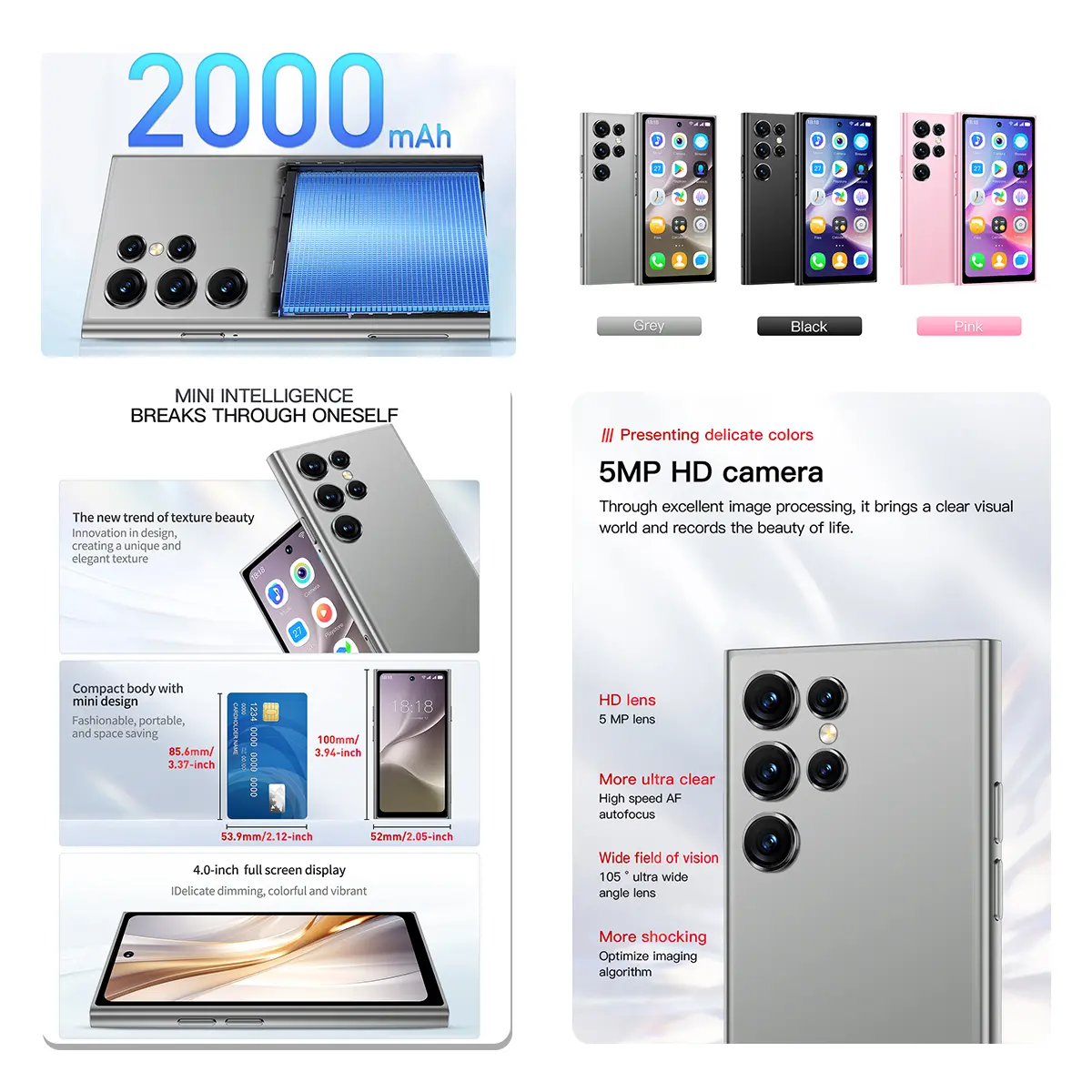 ONEMYTH S25Pro 3G Network Mini Smartphone 4.0-inch HD Full Screen 2000mAh Battery 2GB+16GB Rear HD 5MP Android 10.0 Play Store