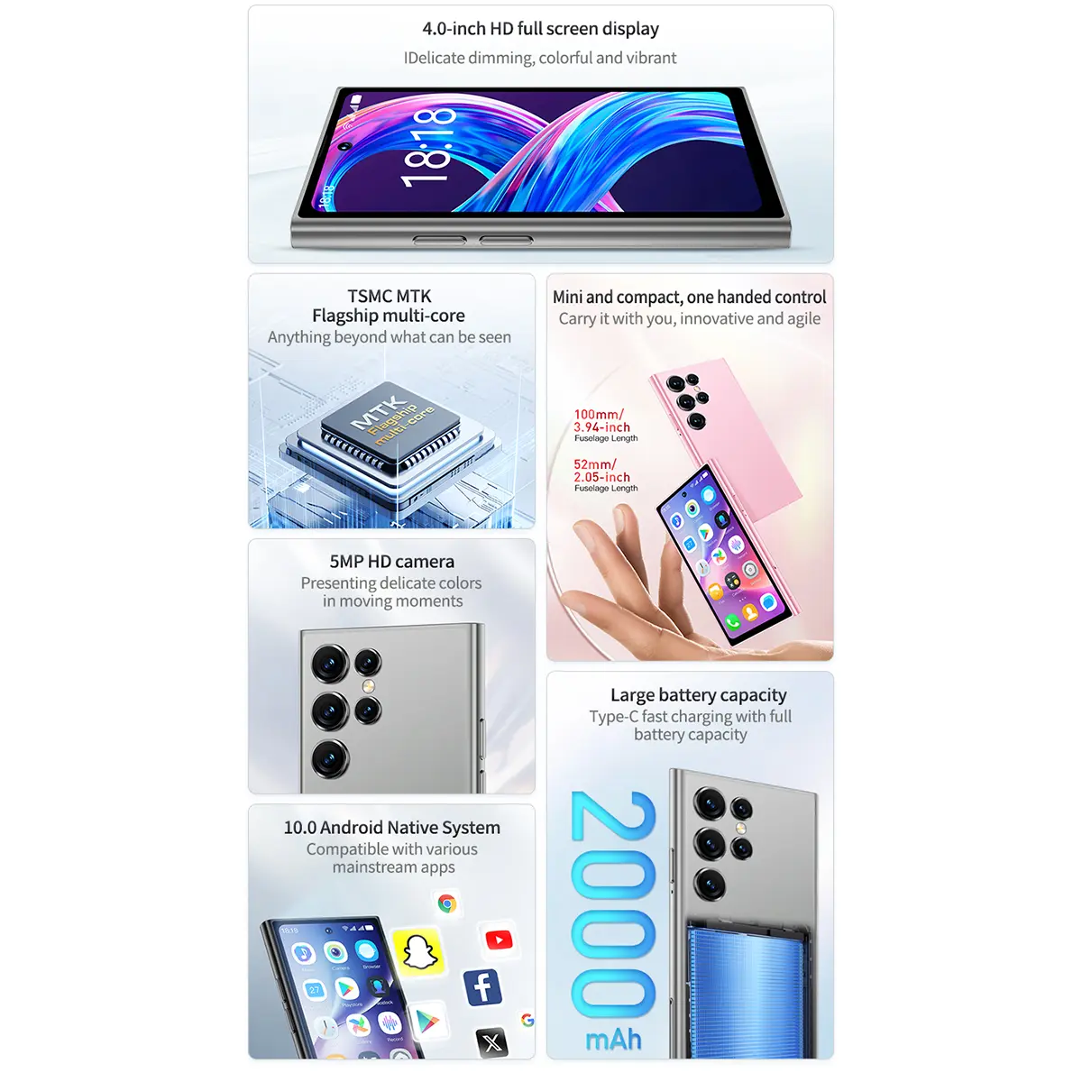 ONEMYTH S25Pro 3G Network Mini Smartphone 4.0-inch HD Full Screen 2000mAh Battery 2GB+16GB Rear HD 5MP Android 10.0 Play Store
