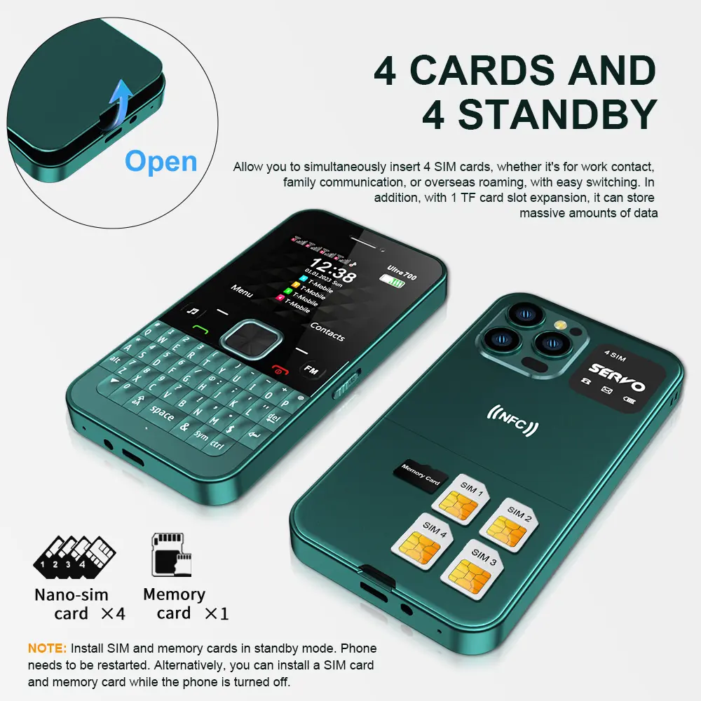 SERVO Ultra700 QWERTY Keyboard Mobile Phone Call Recording Flashlight FM MP3 NFC Unlocking 4 SIM Standby Feature Cellular Phones