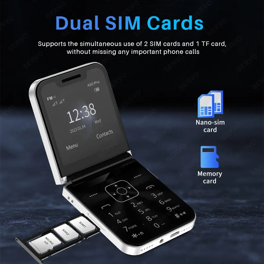 SERVO A50 Pro Foldable Mobile Phone Dual SIM Card GSM Electric Torch Automatic Call Recording 2.4 Inch Screen Cellphone Type-C