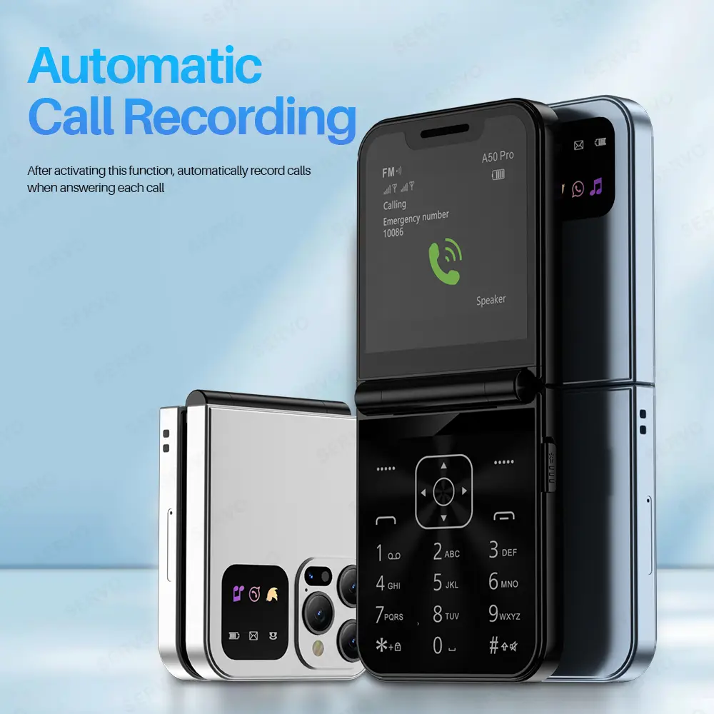 SERVO A50 Pro Foldable Mobile Phone Dual SIM Card GSM Electric Torch Automatic Call Recording 2.4 Inch Screen Cellphone Type-C