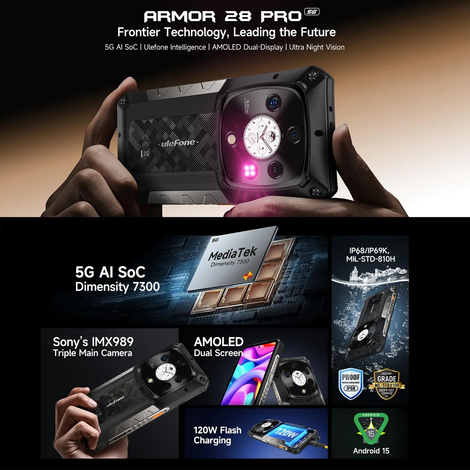 Ulefone Armor 28 Pro 5G AI Rugged Phone 16GB+512GB 10600mAh Battery120W 6.67”AMOLED Android 15 MTK Dimensity 7300 Smartphone