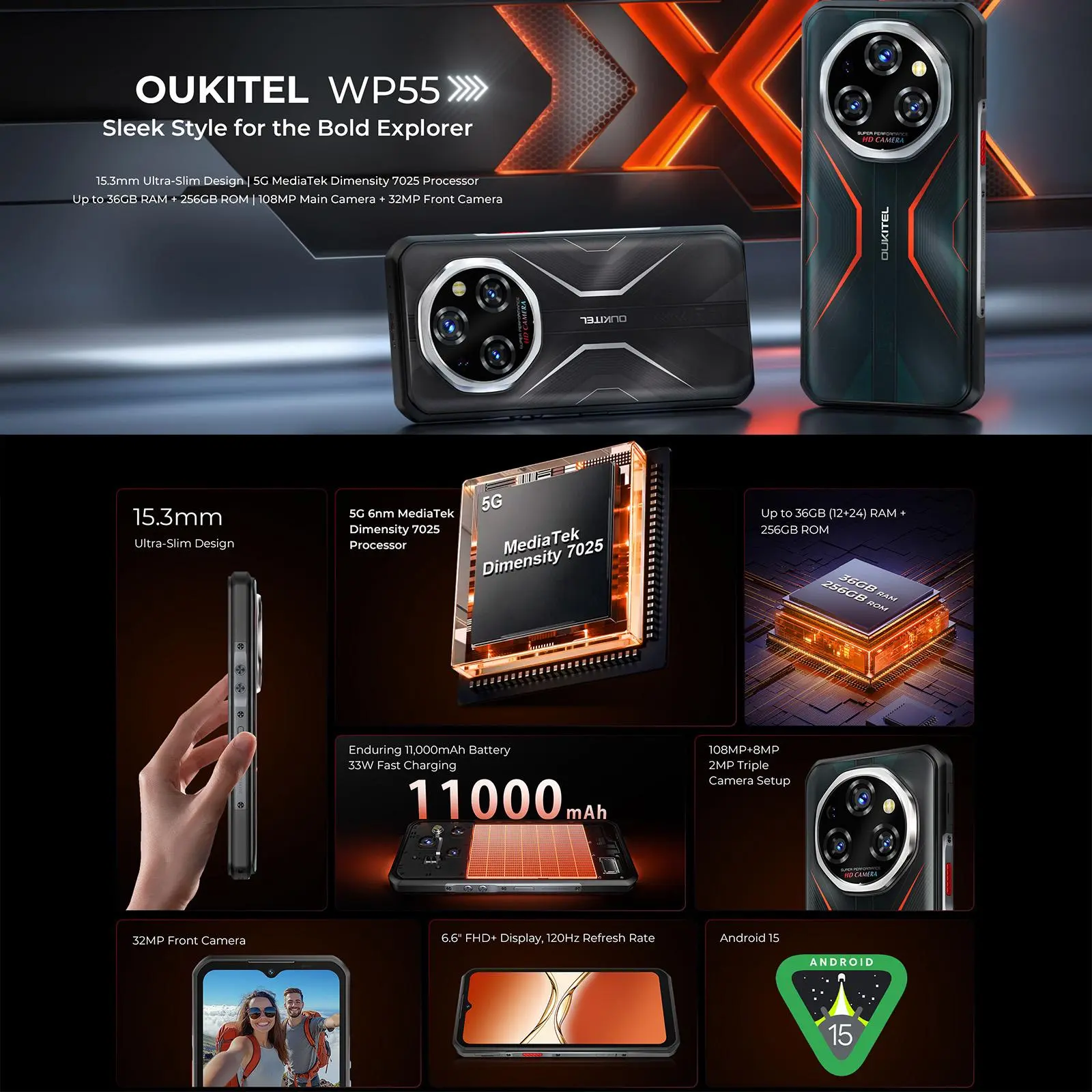 OUKITEL WP55 5G Rugged Phone 36GB(12+24) 256GB 11000mAh 33W 6.6” 120Hz FHD+ Dimensity 7025 108MP Android 15 Smartphone