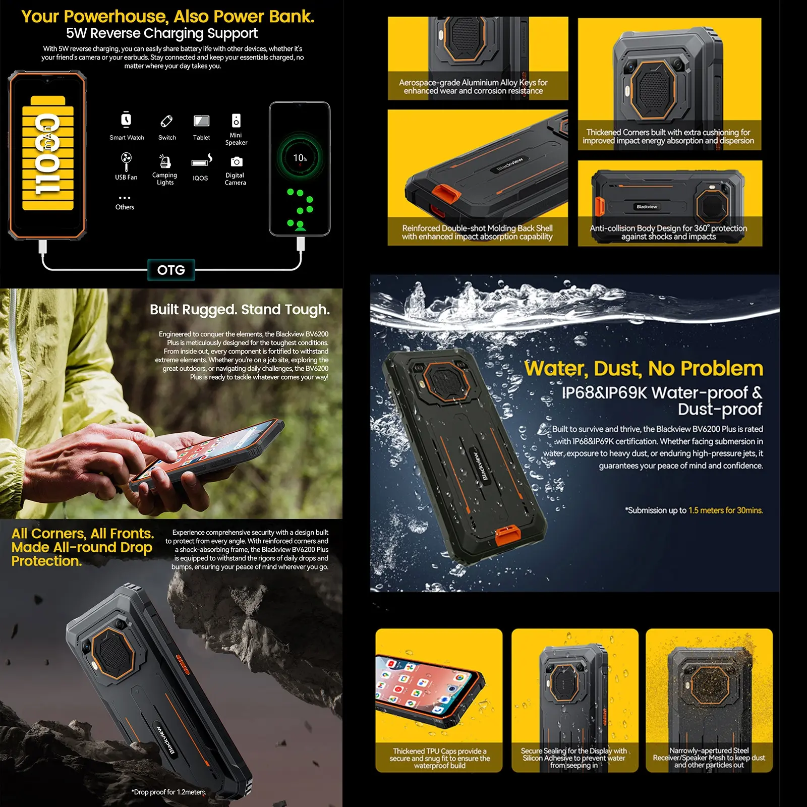 Blackview BV6200 Plus Rugged Phone 8GB+256GB 6.56'' HD+ Display Android 14 11000mAh Unisoc UMS9230 T606 4G NFC Smartphone