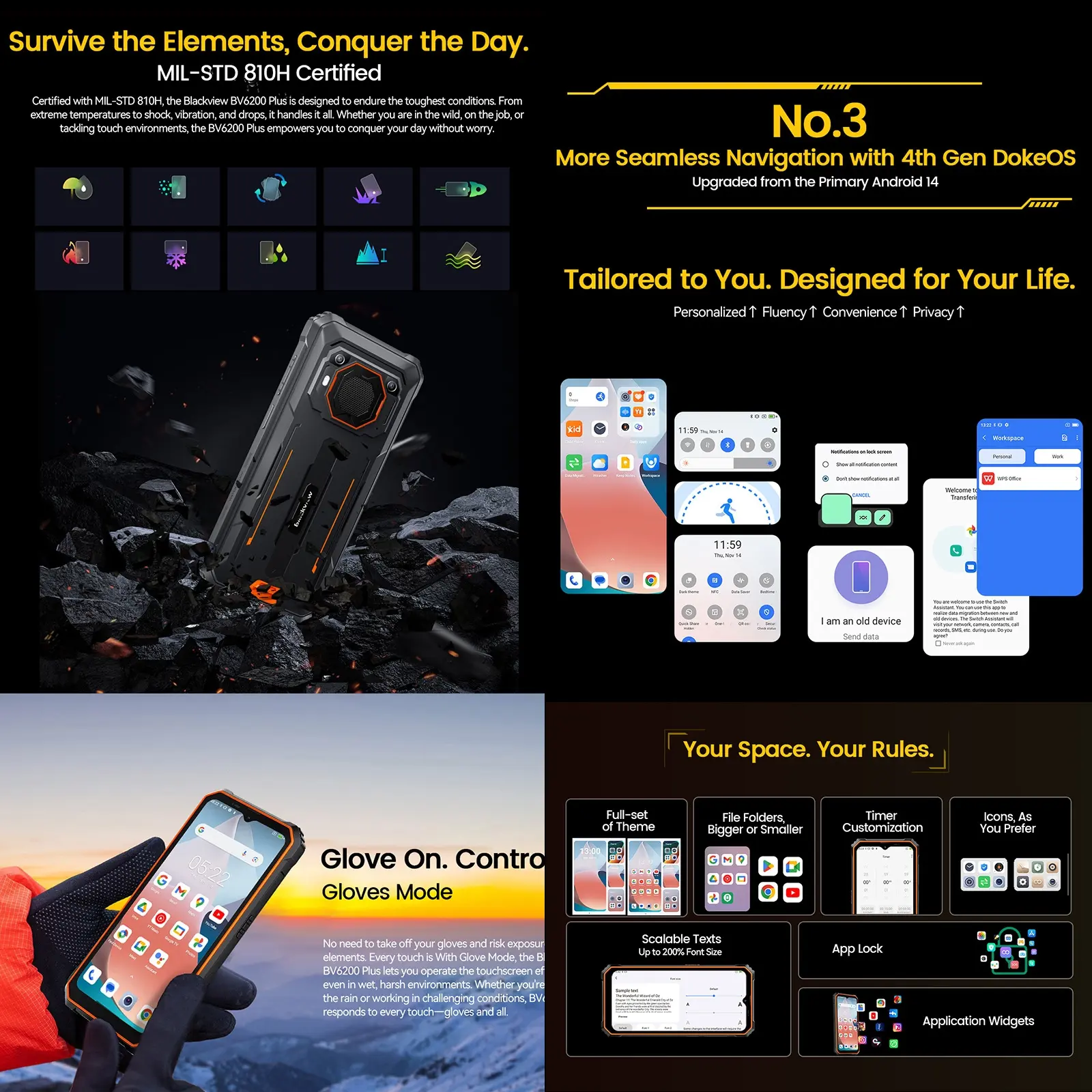Blackview BV6200 Plus Rugged Phone 8GB+256GB 6.56'' HD+ Display Android 14 11000mAh Unisoc UMS9230 T606 4G NFC Smartphone