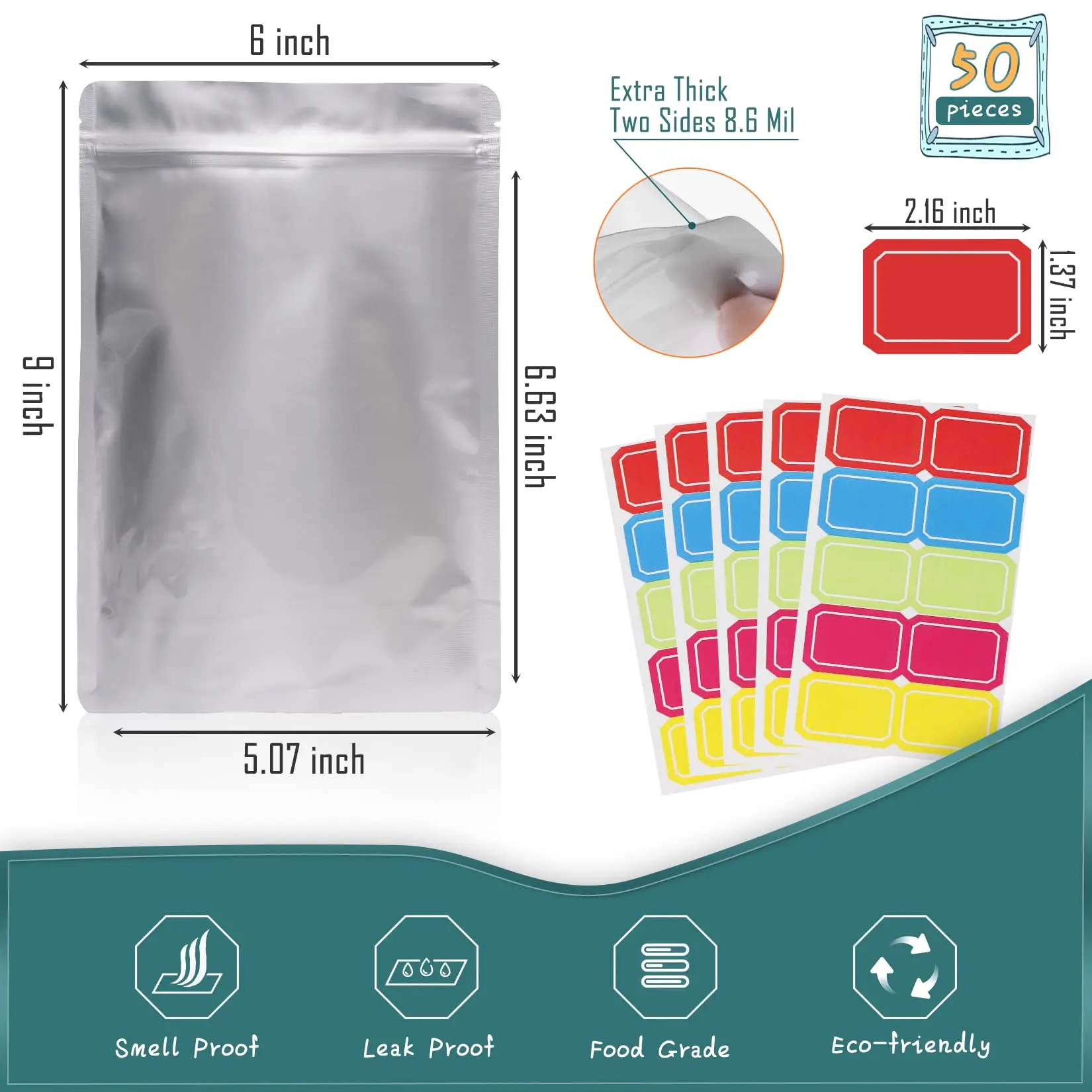 50pcs Stand up Resealable Aluminum Foil Zip Lock Bag Heat Sealing Snack Cosmetics Beauty Coffee Seeds Corn Tea Packaging Pouches
