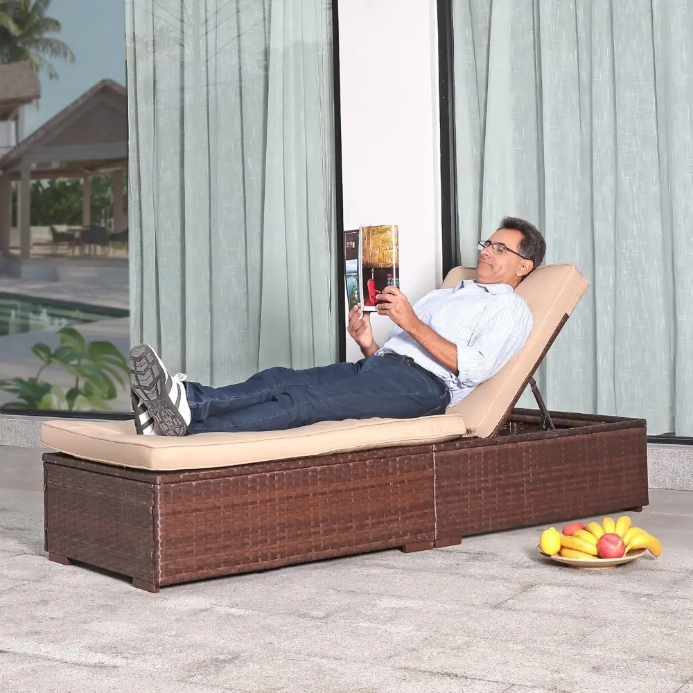 Patio Chaise Lounge Chair, Sun Lounger, Outdoor Pool Beach Brown PE Rattan Wicker Reclining Chair W/Adjustable Backrest, Weathe