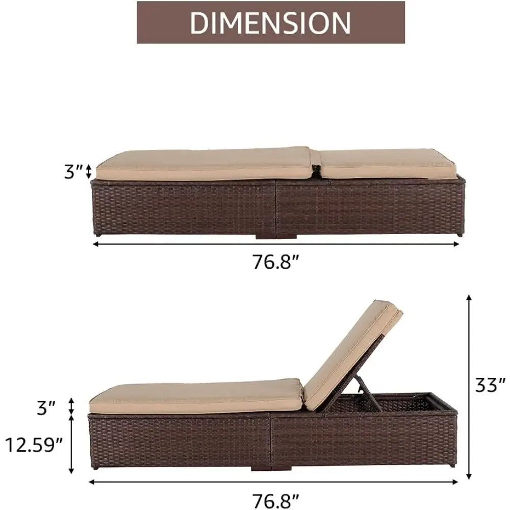 Patio Chaise Lounge Chair, Sun Lounger, Outdoor Pool Beach Brown PE Rattan Wicker Reclining Chair W/Adjustable Backrest, Weathe