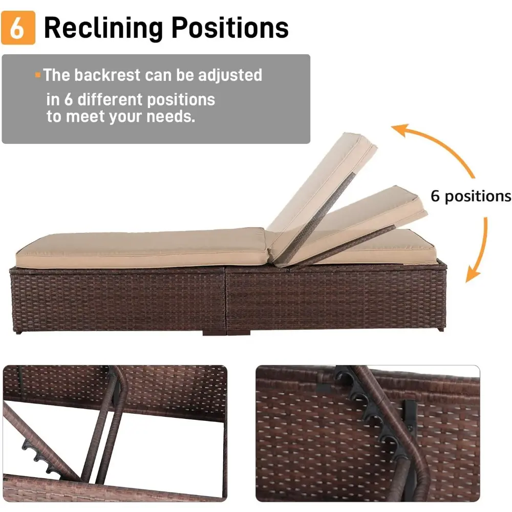 Patio Chaise Lounge Chair, Sun Lounger, Outdoor Pool Beach Brown PE Rattan Wicker Reclining Chair W/Adjustable Backrest, Weathe