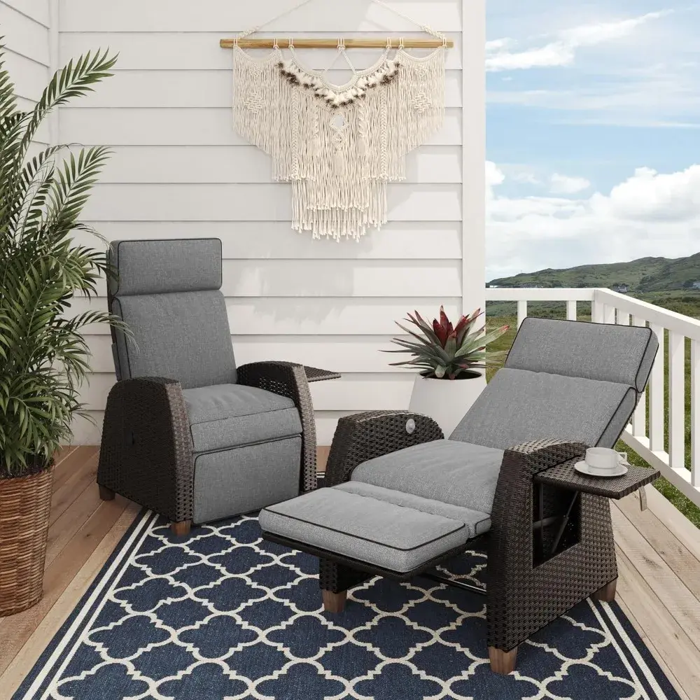 Grand patio Outdoor Recliner Chair Patio 150° Lay Flat Recliner with Flip Table Wicker Reclining Lounge Chair Cool Grey