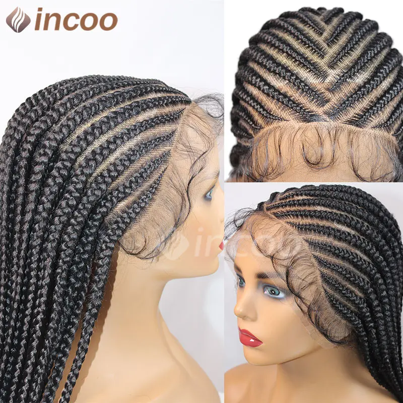 Synthetic Cornrow Box Braided Wig 36" Full Lace Front Wigs Tribal Braids Wig Jumbo Box Braid Wig Knotless Faux Locs Braiding Wig