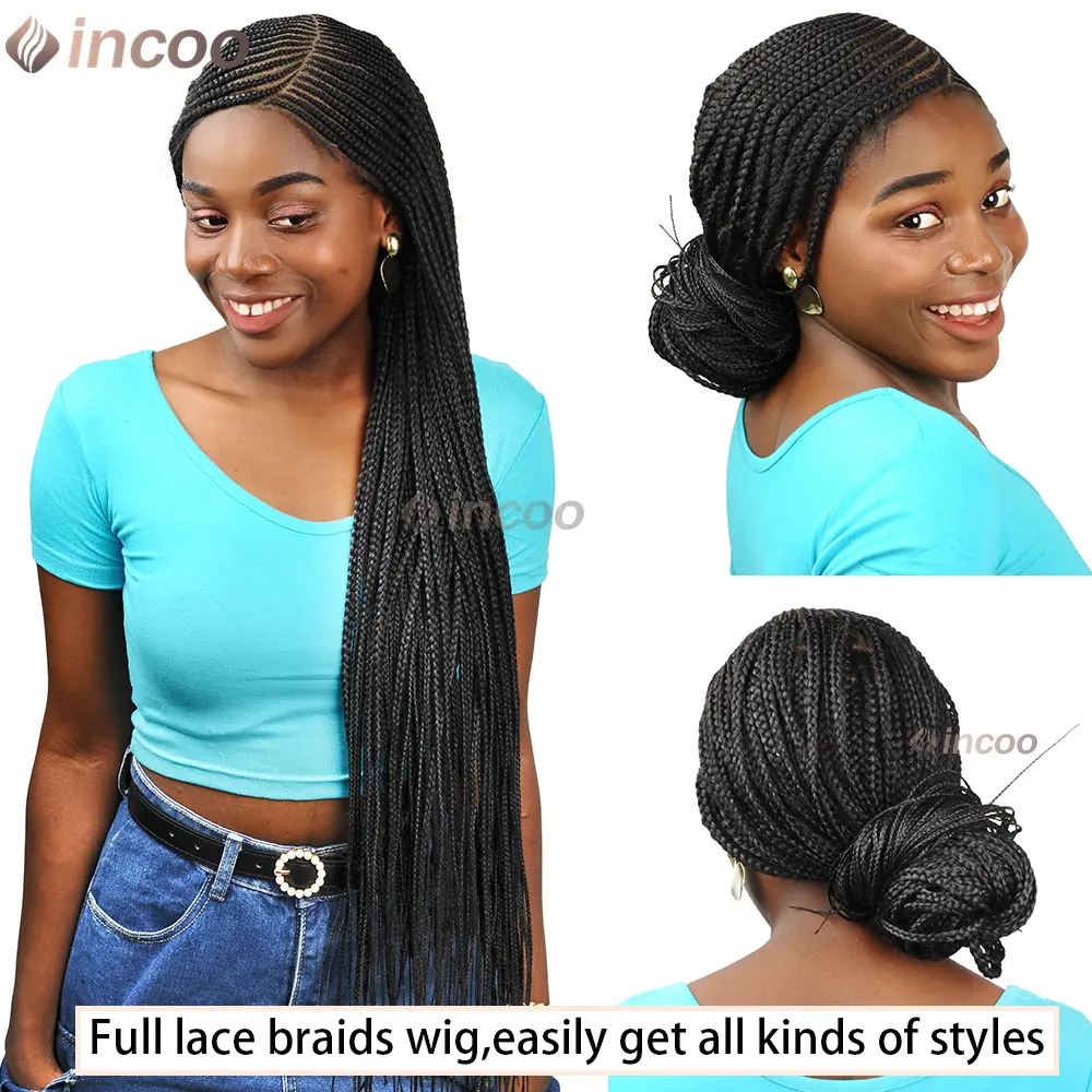 36" Side Part Corncow Braided Wigs Synthetic Full Lace Wigs For Black Women Knotless Box Braiding Hair Wig