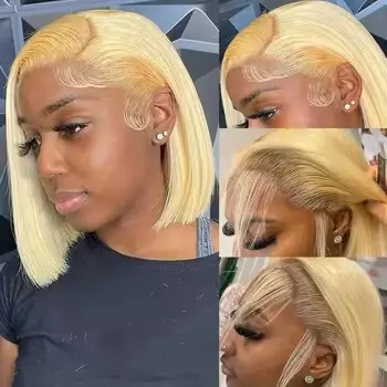 Short Bob Cut Blunt 613 Honey Blonde Color Synthetic 13X4 Lace Front Wig For Women Straight Preplucked Bleach Knots Soft Cosplay