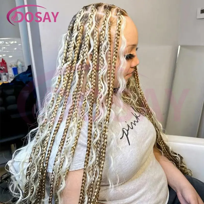 32Inch Ombre Blonde Bohemian Full Lace Braided Wigs With Curly Hair Synthetic Cornrow Knotless Box Braids Wigs For Black Women