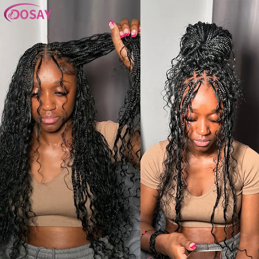 Synthetic Long Bohemian Braided Wigs With Curly Hair 13X6 Lace Boho Box Cornrows Braid For Black Women Goddess Boho Braiding Wig