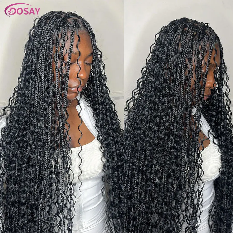 Synthetic Long Bohemian Braided Wigs With Curly Hair 13X6 Lace Boho Box Cornrows Braid For Black Women Goddess Boho Braiding Wig