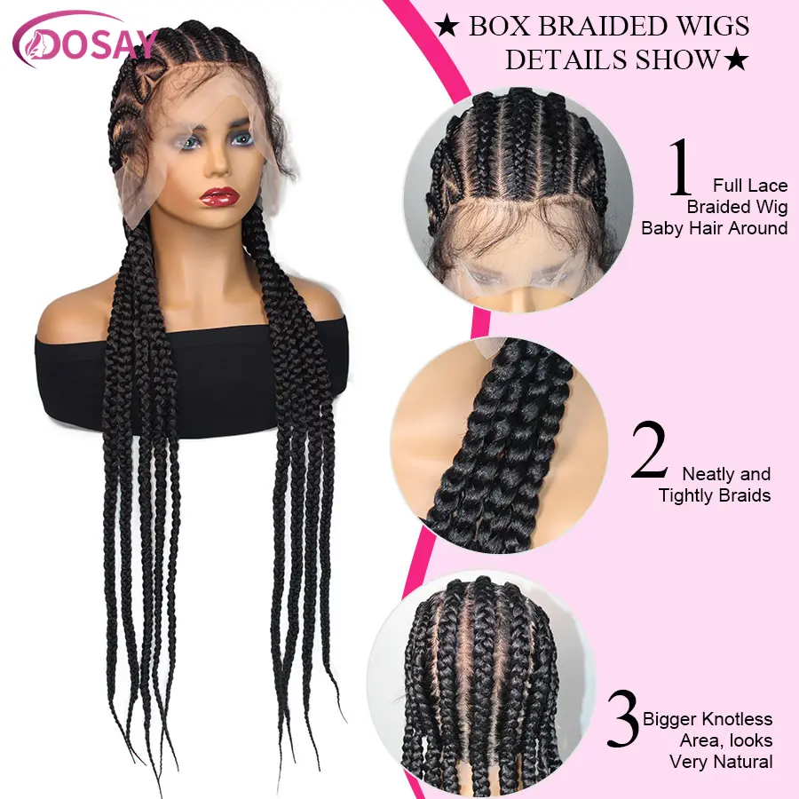 Tribal Cornrows Braids Synthetic Full Lace Handmade Knotless Box Braids Wigs With Baby Hair Heart Shape Braided Wigs For Women