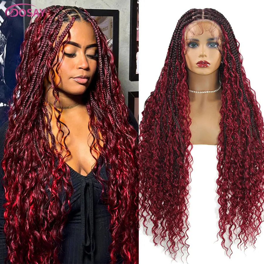Synthetic Boho Braided Wigs Knotless Box Cornrows Braids Wig For Women Red Blonde Full Lace Goddess Braids Wig With Curly Ends
