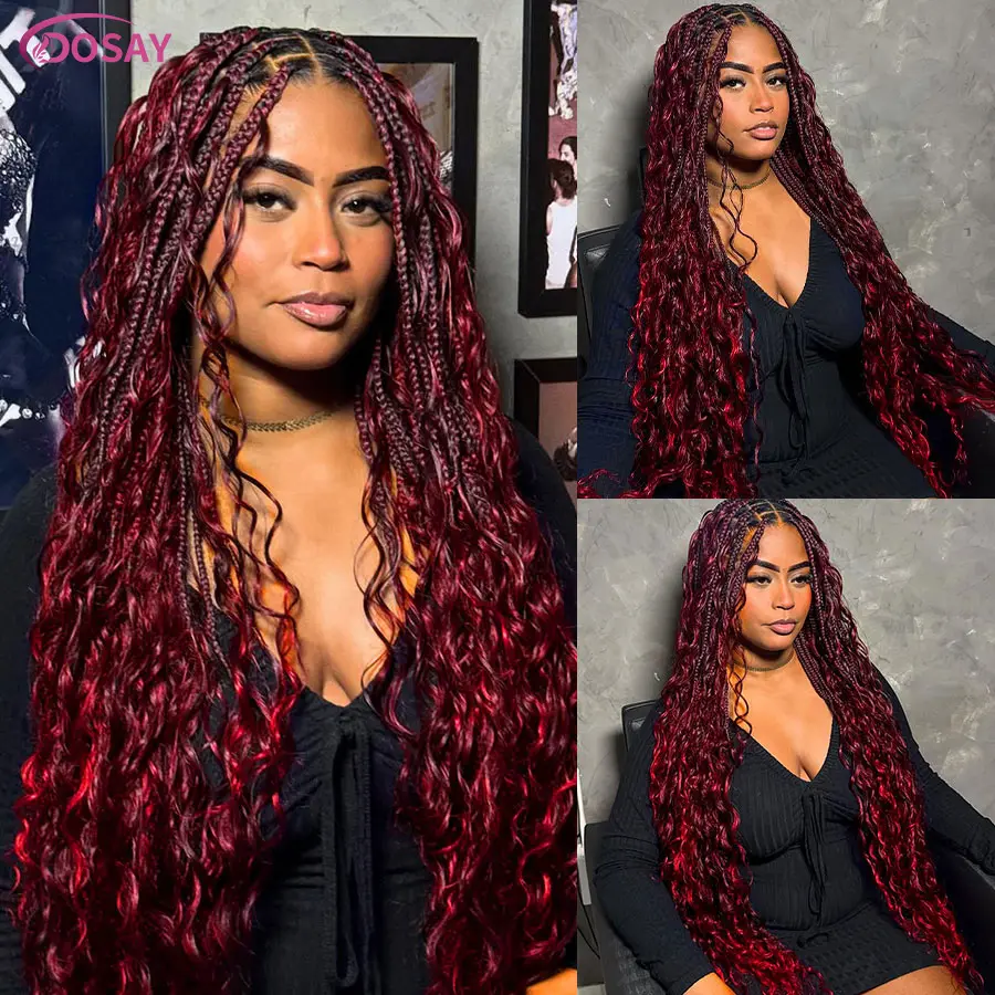 Synthetic Boho Braided Wigs Knotless Box Cornrows Braids Wig For Women Red Blonde Full Lace Goddess Braids Wig With Curly Ends