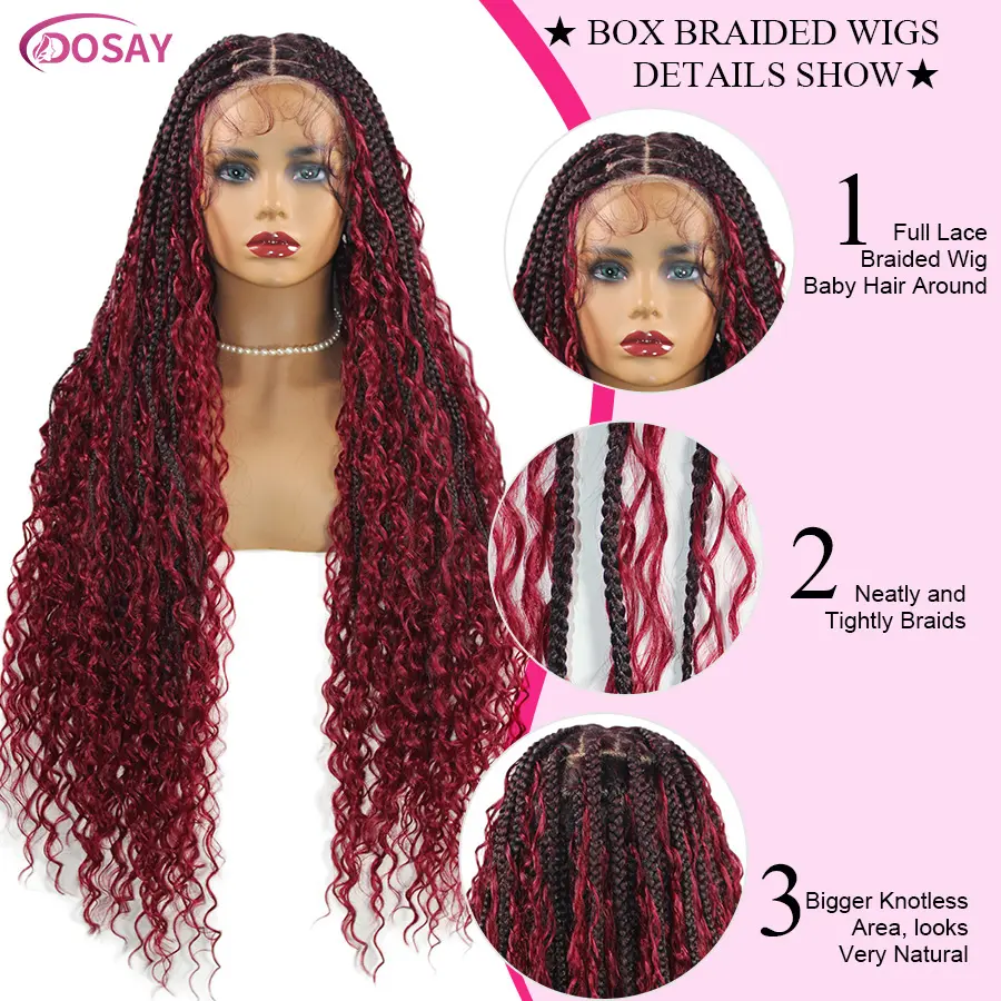 Synthetic Boho Braided Wigs Knotless Box Cornrows Braids Wig For Women Red Blonde Full Lace Goddess Braids Wig With Curly Ends