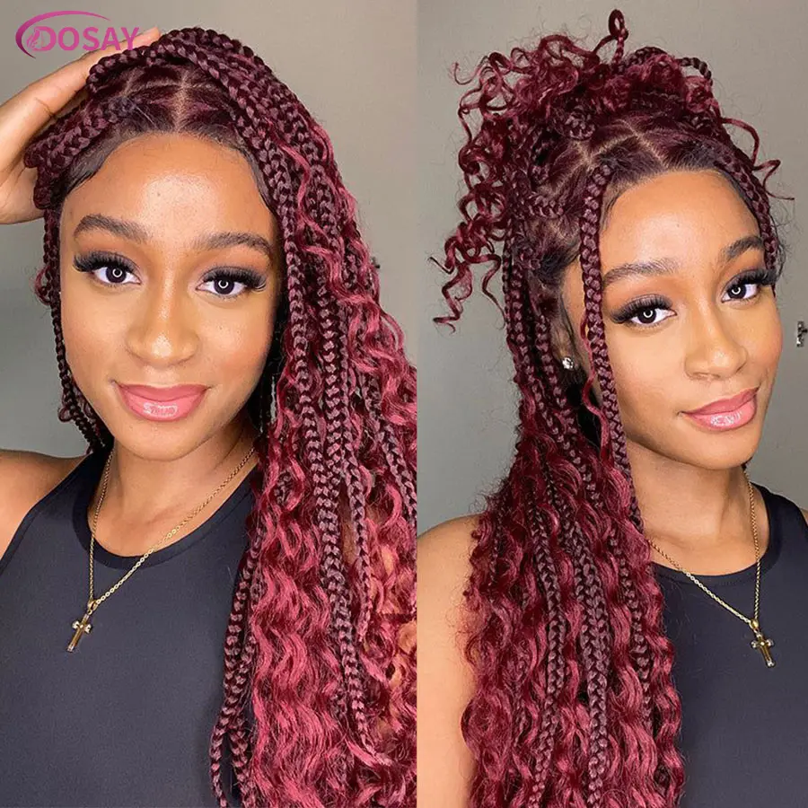Synthetic Boho Braided Wigs Knotless Box Cornrows Braids Wig For Women Red Blonde Full Lace Goddess Braids Wig With Curly Ends