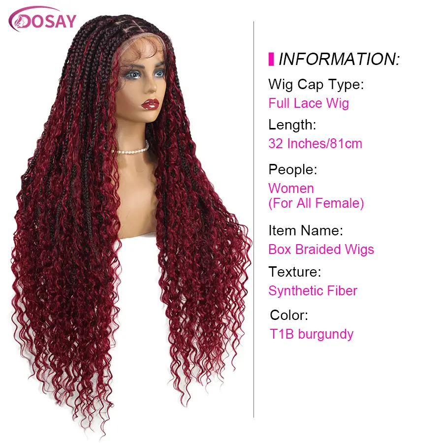 Synthetic Boho Braided Wigs Knotless Box Cornrows Braids Wig For Women Red Blonde Full Lace Goddess Braids Wig With Curly Ends