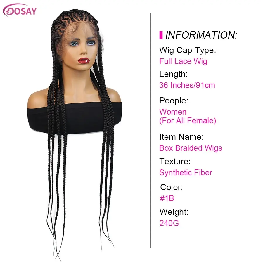 Knotless Box Cornrow Braided Wigs For Black Women Knotless 36Inches Synthetic Fulani Braids Wig Locs Goddess Braiding Hair Wigs