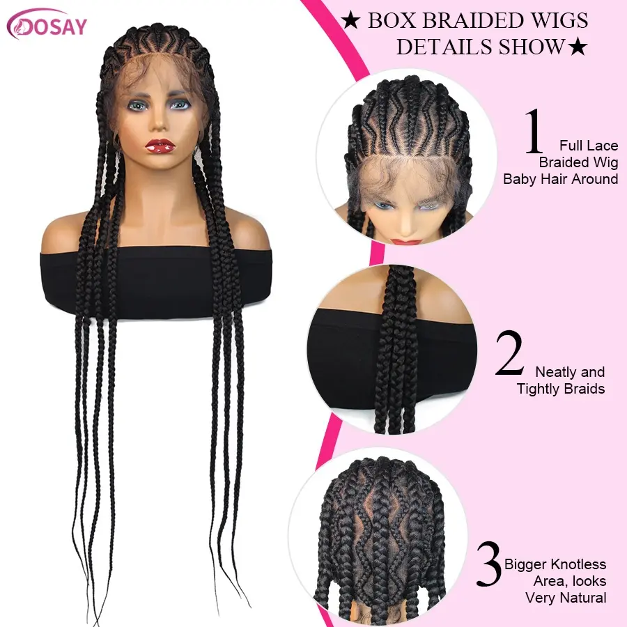Knotless Box Cornrow Braided Wigs For Black Women Knotless 36Inches Synthetic Fulani Braids Wig Locs Goddess Braiding Hair Wigs
