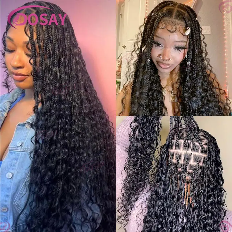 Boho Box Braided Wigs Synthetic Curly Wig Full Lace Front Wigs For Women 32" Goddess Braids Wig African Bohemian Braiding Hair