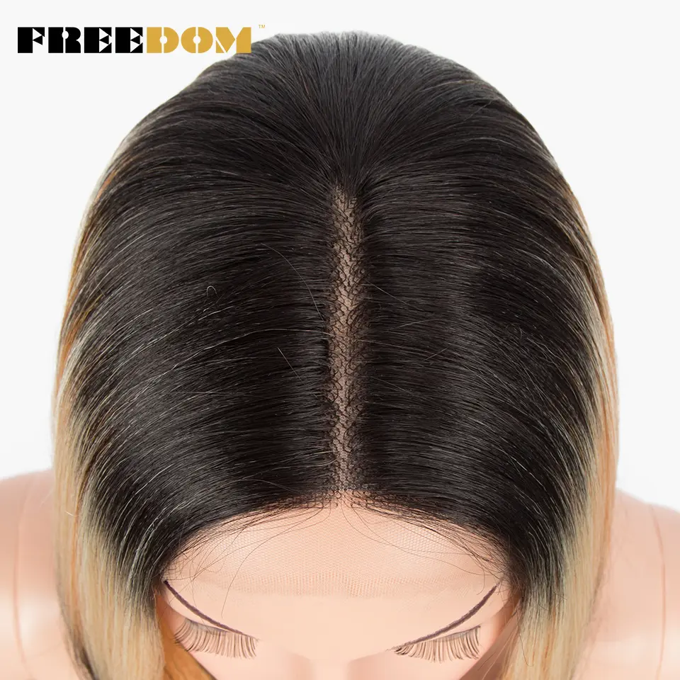 FREEDOM Straight Synthetic Lace Wigs Short Bob Ombre Blue Colorful Wigs For Black Women Cosplay Wigs Middle Part Lace Wig
