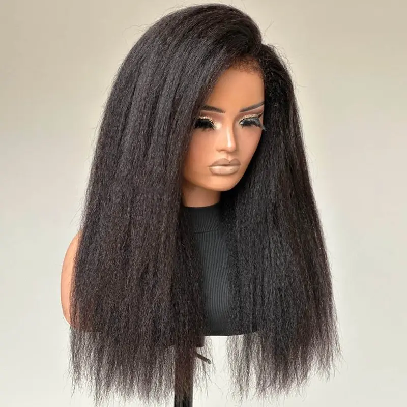Long Soft 26Inch 180Density Yaki Kinky Straight Natural Black Deep Lace Front Wig For Women Babyhair Glueless Preplucked Daily